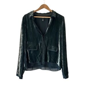 J.Crew Velvet Jacket Sheer Hem Long Sleeve Collared Top Green‎ 10T